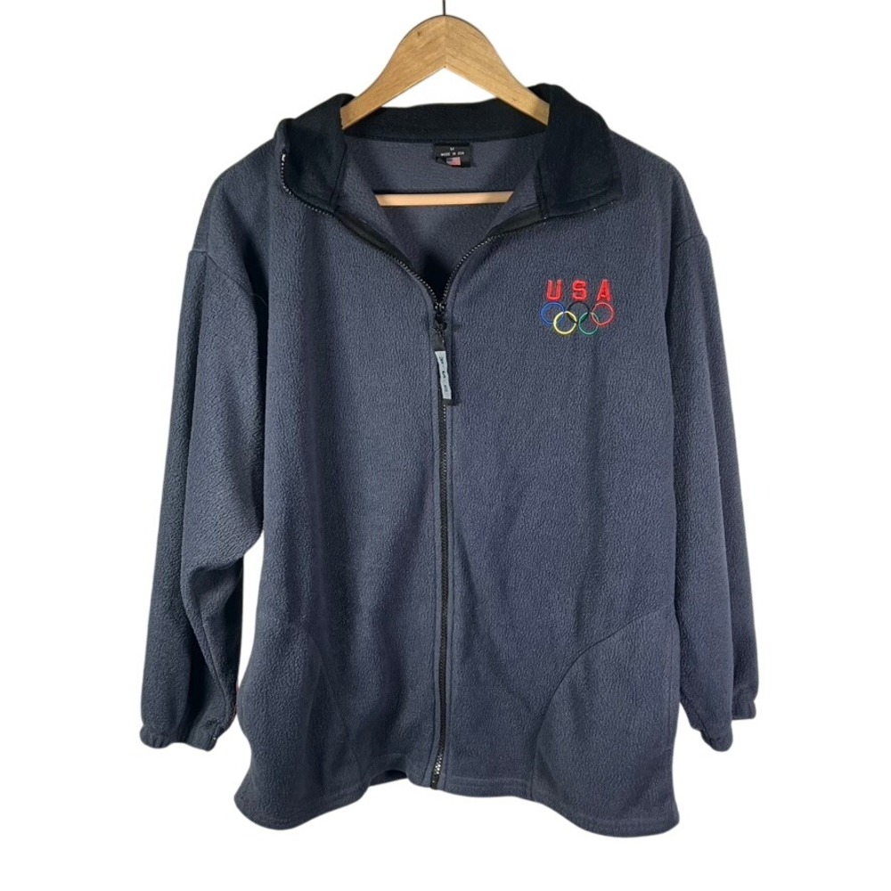 Vintage USA Olympics Embroidered Fleece Jacket‎ Full Zip Gray Mens Size M